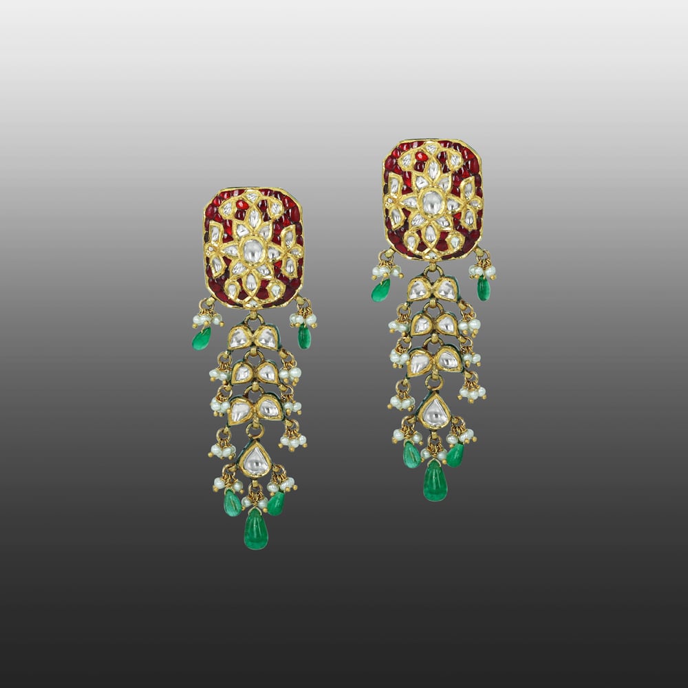 Rectangular Polki Earrings with Red Talaf, Emerald, and Pearl Drops